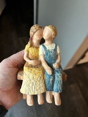 Hand-Painted Sitting Couple Figurine in Yellow Dress & Blue Overalls